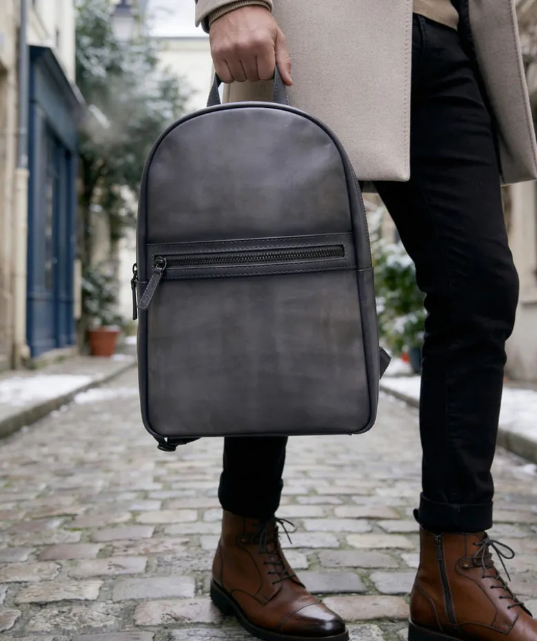 Sac à Dos en Cuir Patiné Gris
